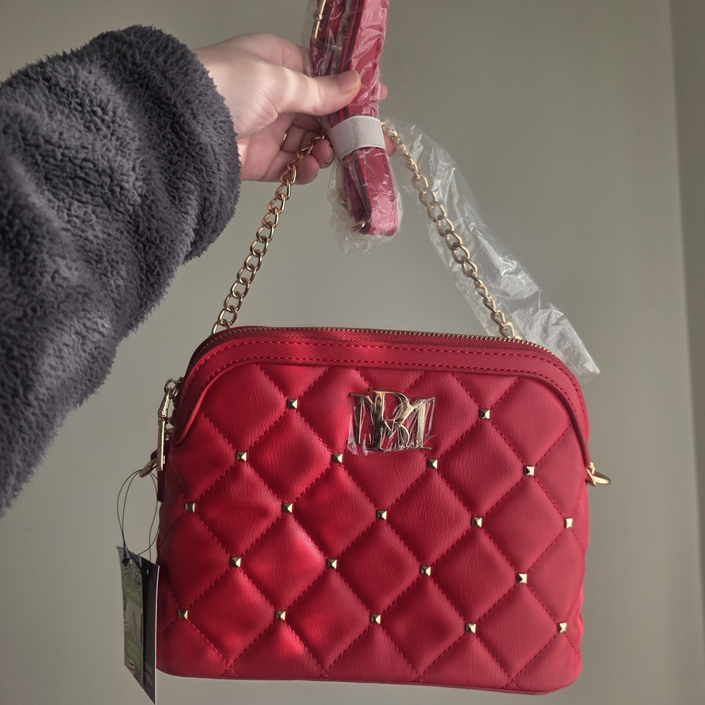 NWT Badgley Mischka Red Quilted Studded Dome Shaped Crossbody Bag